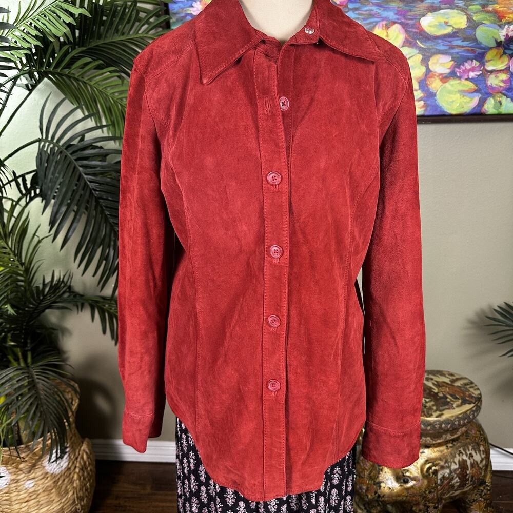 Laura Leigh Ltd Vintage Women L Suede Button down Shirt Red Suede Leather Lined
